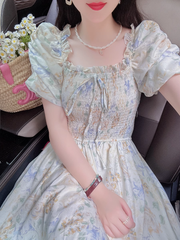 Puff Sleeve Bow Tie Chiffon Floral Long Dress