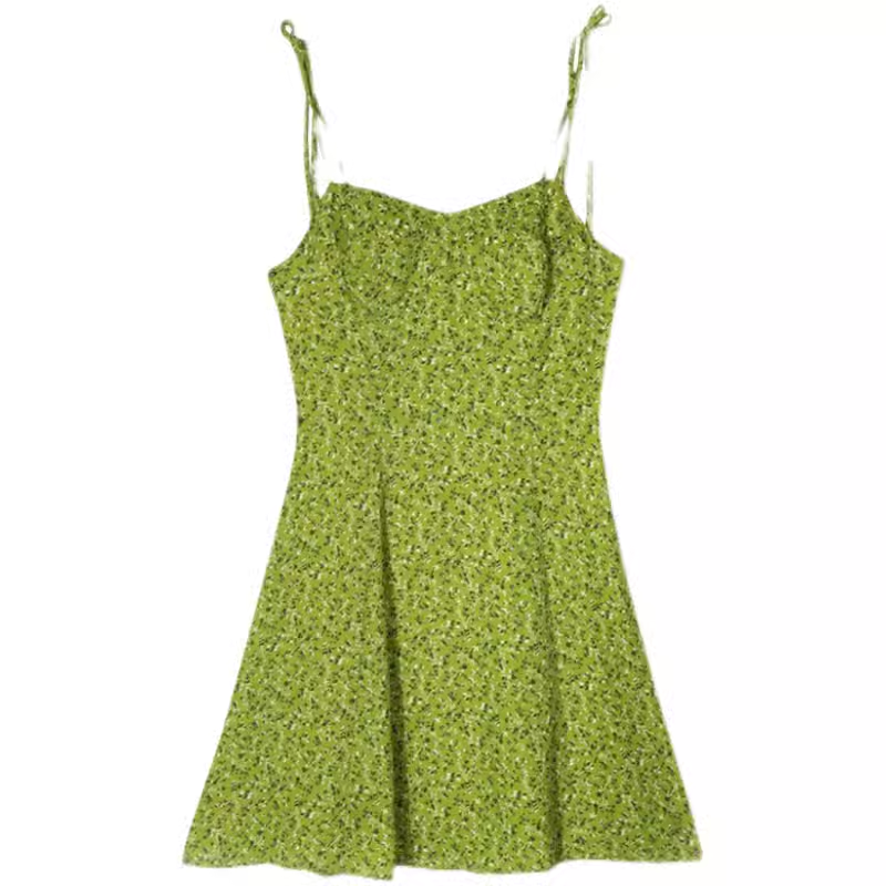 Green floral short suspender dress