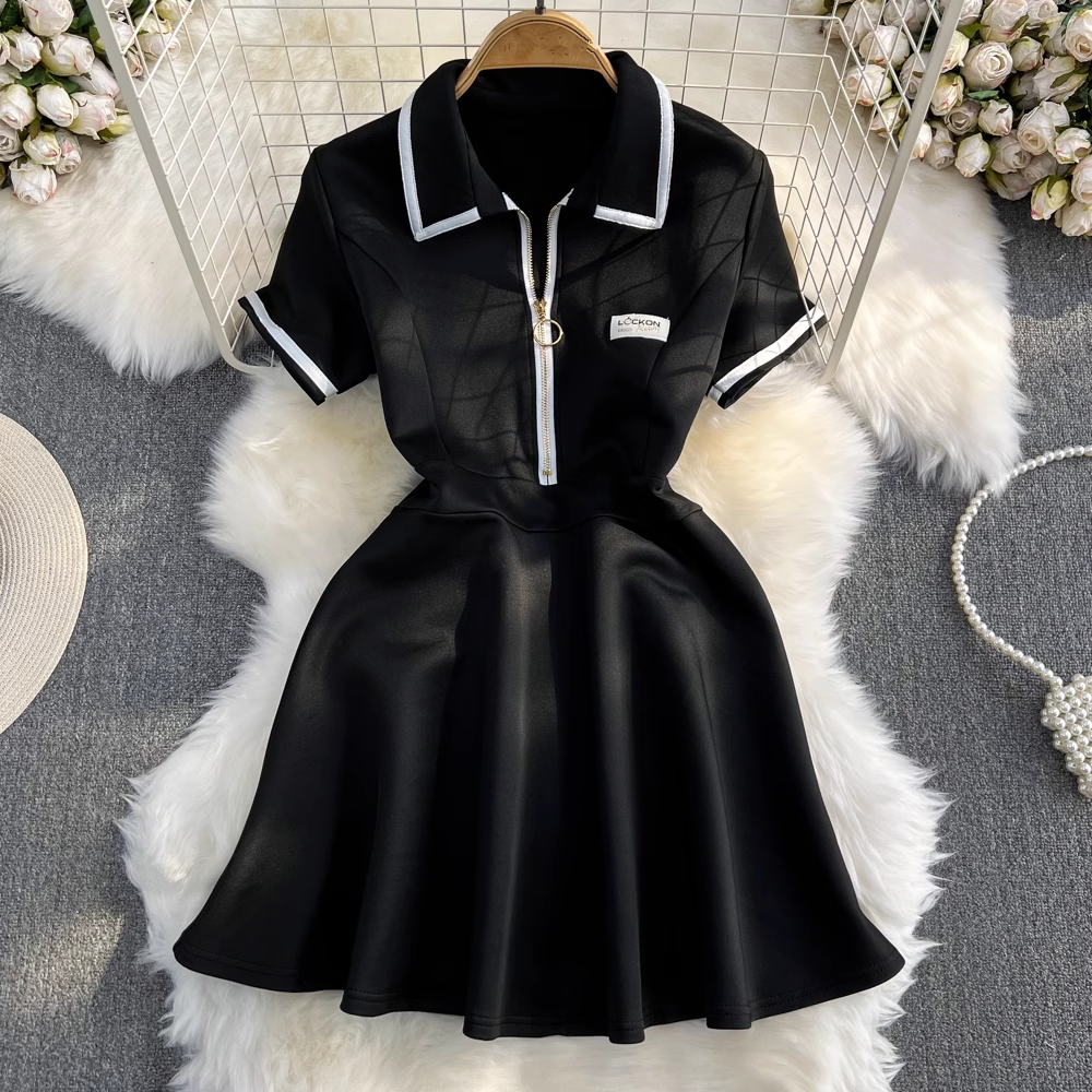 Retro short-sleeved contrasting color POLO collar A-line fluffy dress