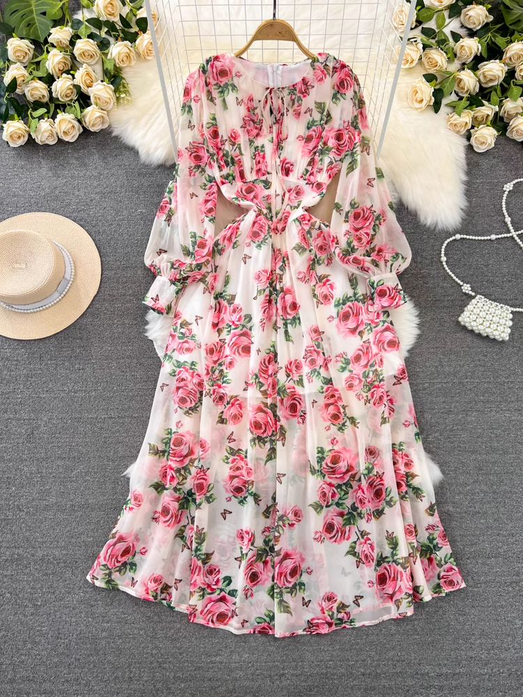 Long-sleeve round neck A-line rose print chiffon maxi dress