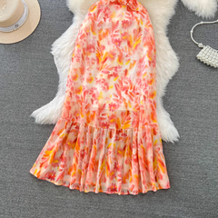 V-neck ruffled a-line printed mermaid dress elegant long dress