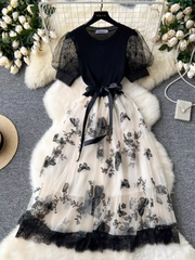 Retro Elegant Dress Women Knitted Splicing Embroidery Butterfly Mesh Fluffy Fairy Long Dress