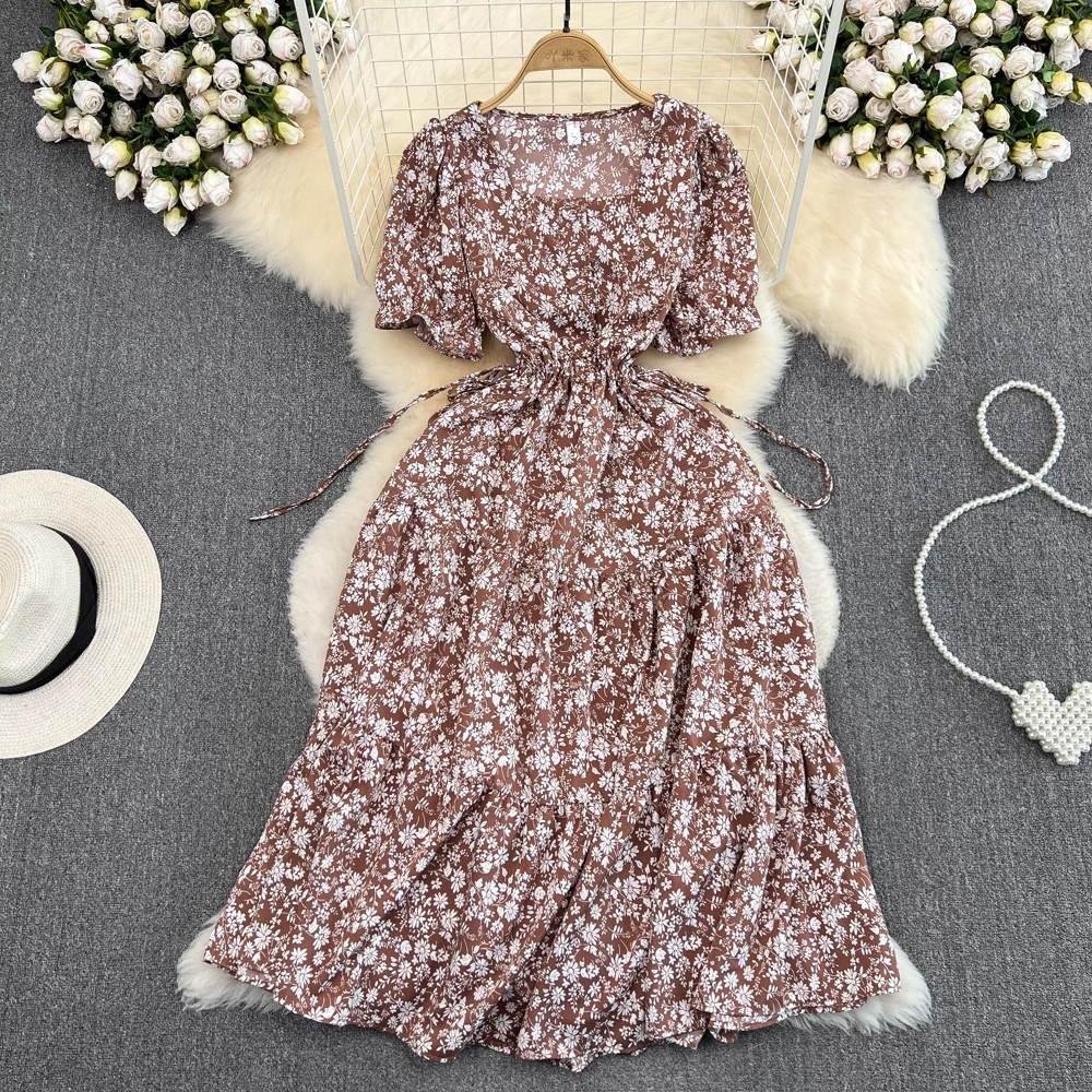 Square collar puff sleeve summer fluffy princess dress,