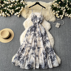 Women's summer retro ink print suspender dress