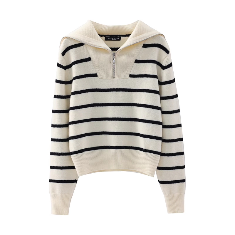 Women's navy collar half zip striped sweater autumn and winter