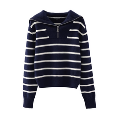 Women's navy collar half zip striped sweater autumn and winter