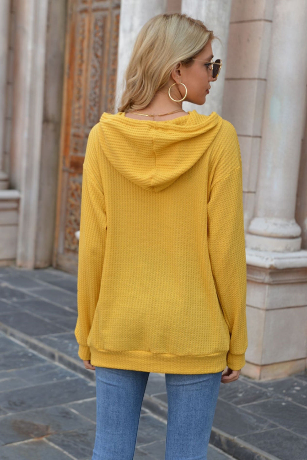 Hooded Pocket Solid Color Sweater