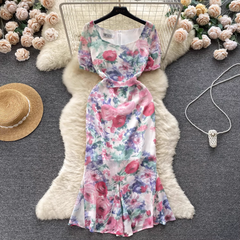 Women's Square Neck Puff Sleeve Floral Chiffon Mermaid Dress