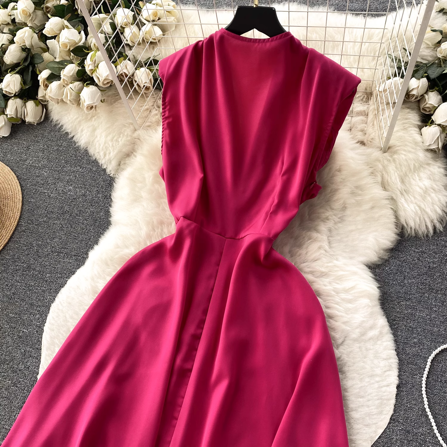 V-neck pleated waist hollow dress women summer dress ,