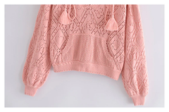 Hollow out design short Pink Knitted Hooded Sweater,