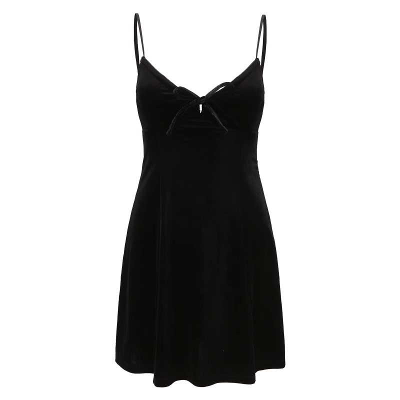 Lace-up black velvet suspender dress for women A-line skirt