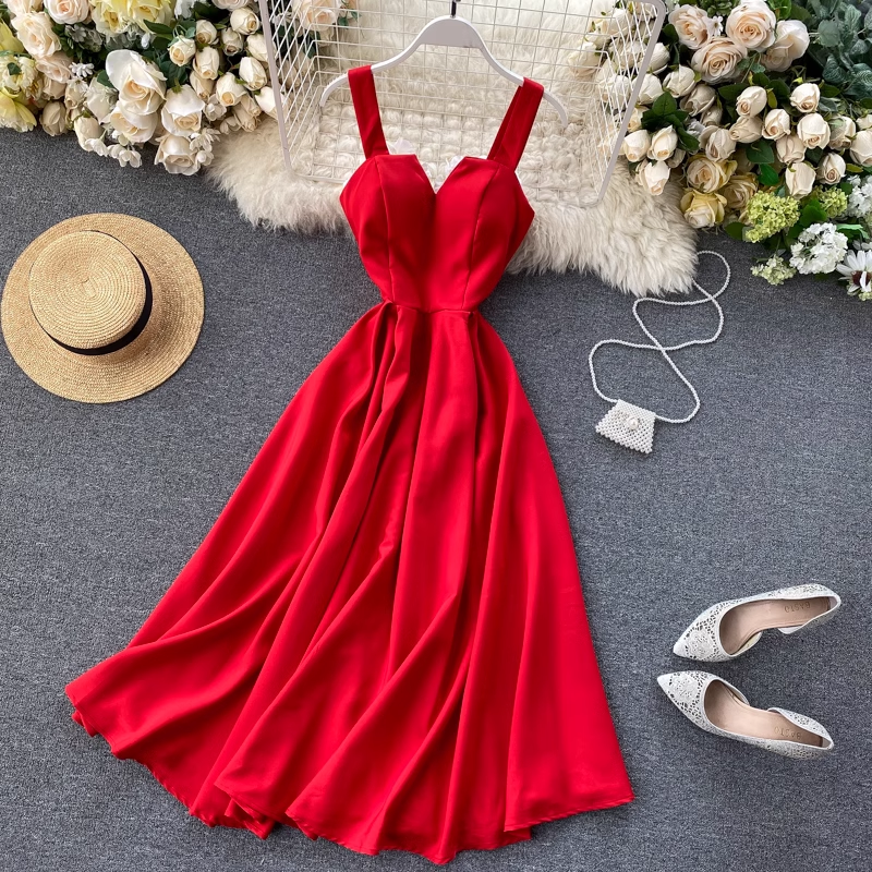 V-neck backless retro solid color summer dress casual ,