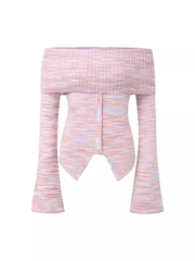 Womens pink striped off the-shoulder knitted sweater