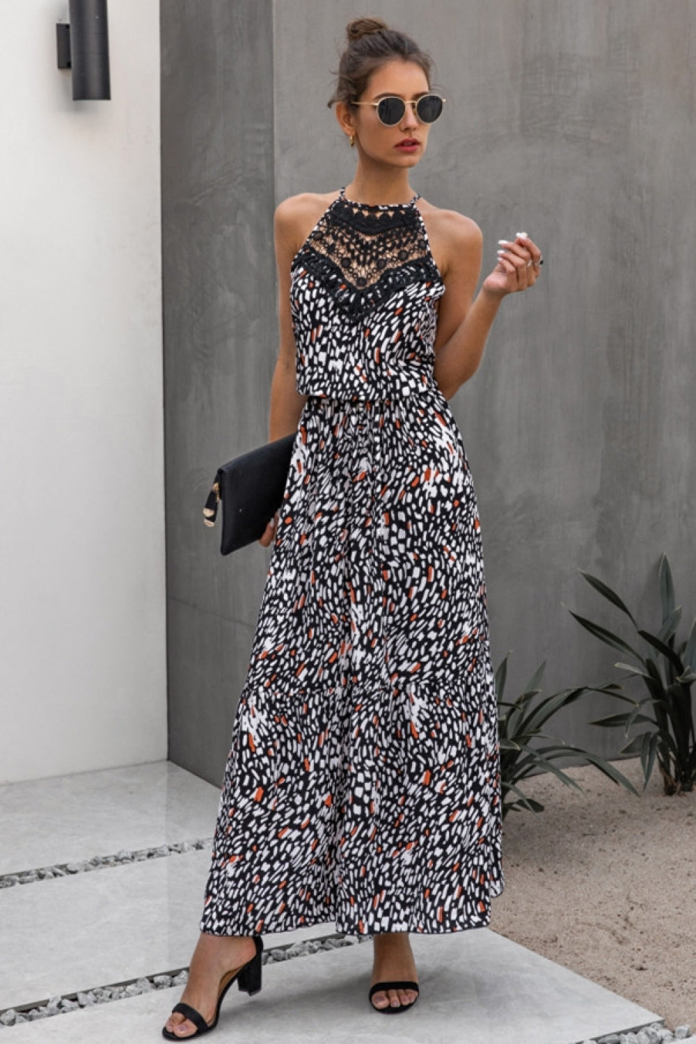 Hollow Lace Spliting Printed Dress