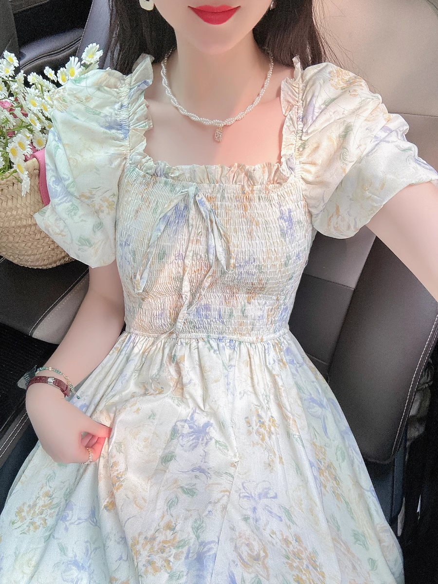 Puff Sleeve Bow Tie Chiffon Floral Long Dress