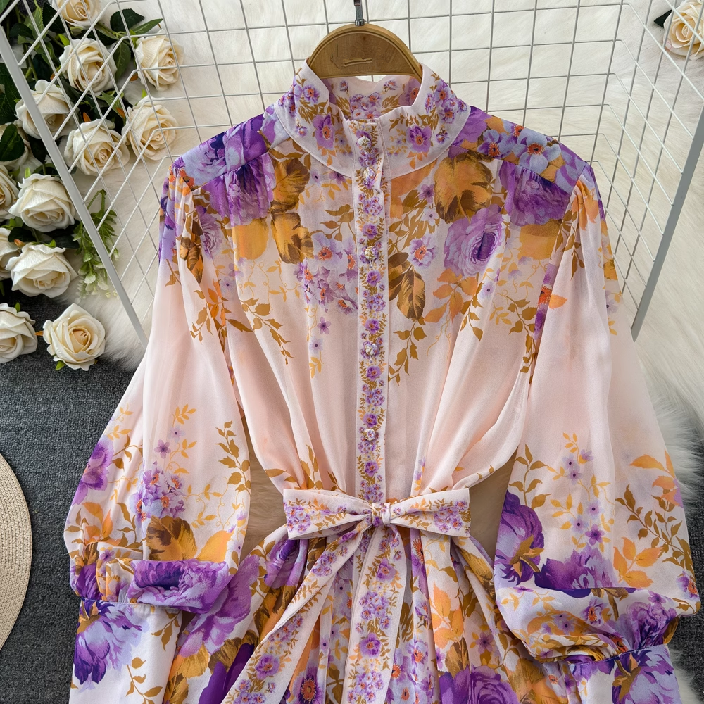 Retro palace style lantern long sleeve a-line printed dress