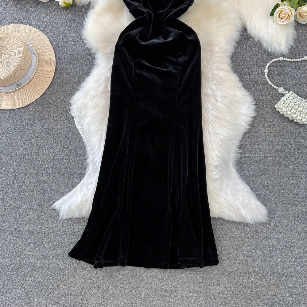 Off the shoulder black velvet dress