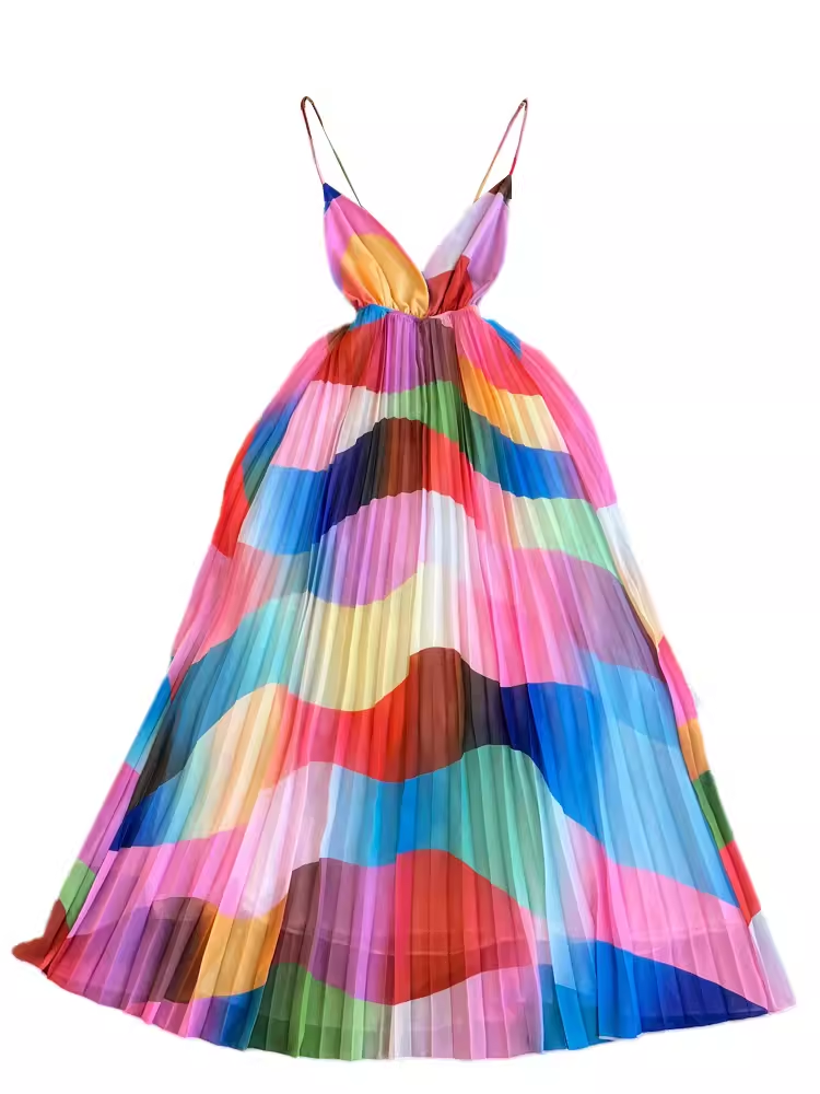 Colorful printed backless suspender Dress