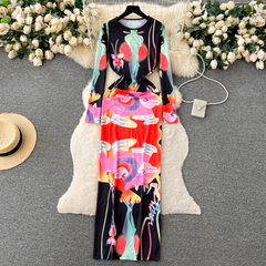 Retro fashion printed hip-hugging dress