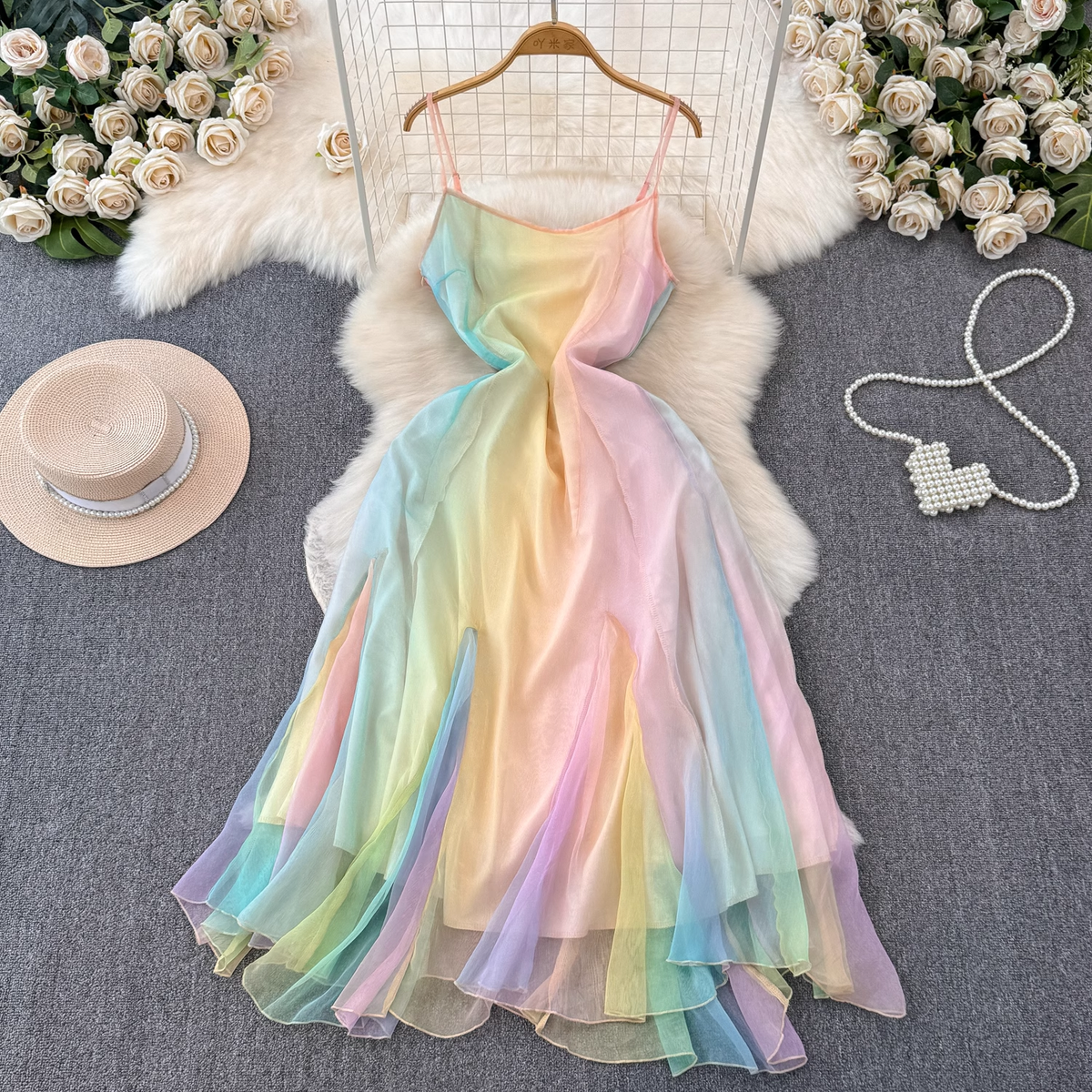 women's summer rainbow gradient suspender dress