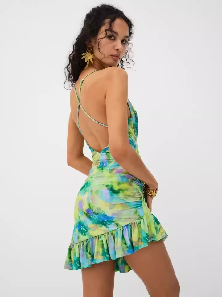 Green backless irregular holiday dress