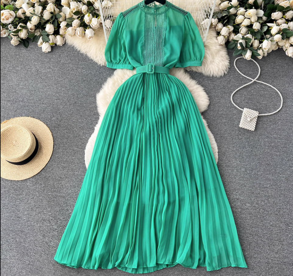 Turtleneck Puff Sleeve Pressed Pleated Dress,