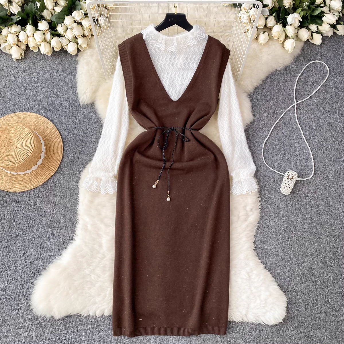 Fashionable lace spliced chiffon top paired with a loose knitted vest dress two-piece set