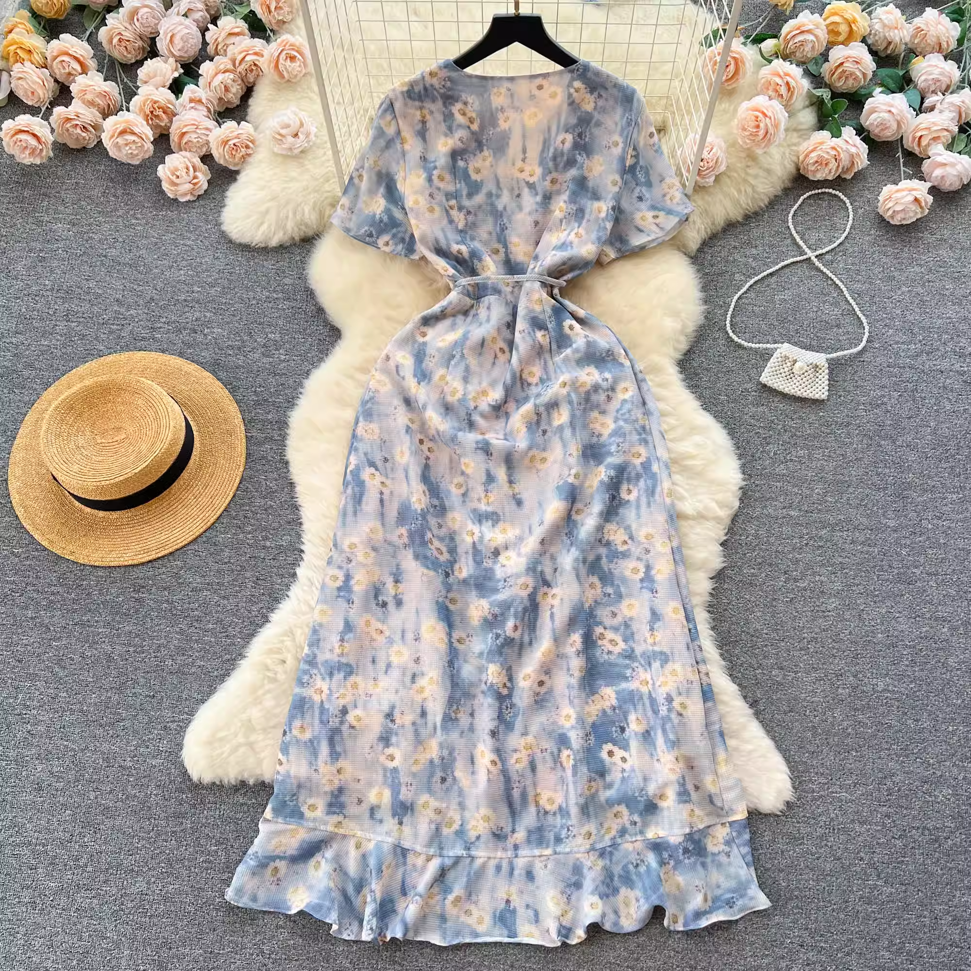 Women's Irregular Ruffled Floral Chiffon Dress ,