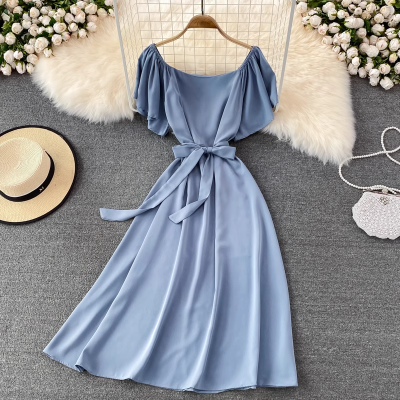 chic retro solid color ruffled mid-length square neck dress ,