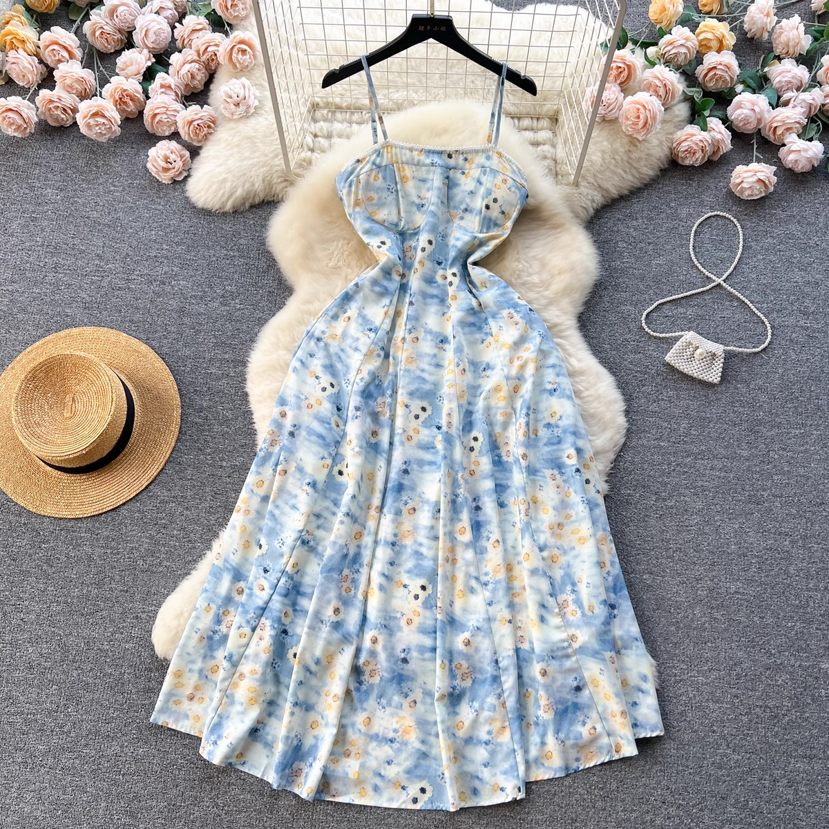 French retro oil painting sense print suspender dress women summer dress ,