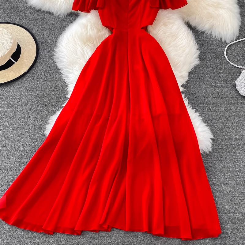 Red Chiffon Seaside Vacation Dress ,