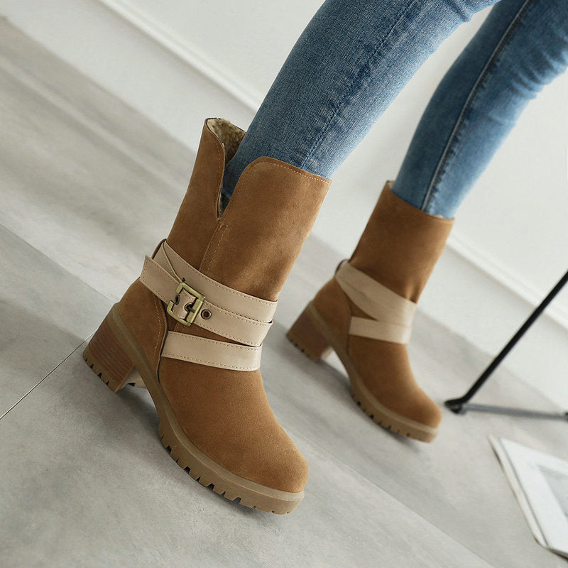 Artificial Suede Chunky Heel Boots