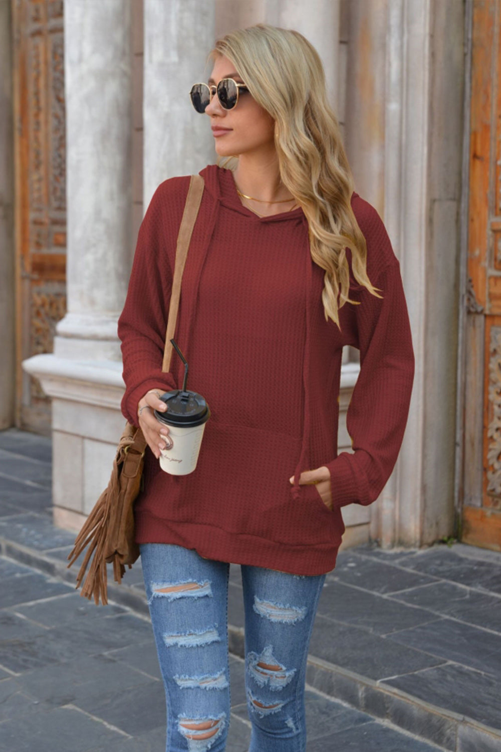 Hooded Pocket Solid Color Sweater