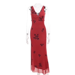 French printed red V-neck suspender dress for women in summer