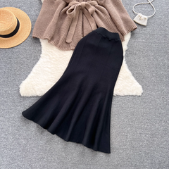 Elegant sweater jacket, versatile fishtail skirt two-piece trendy set,black dress