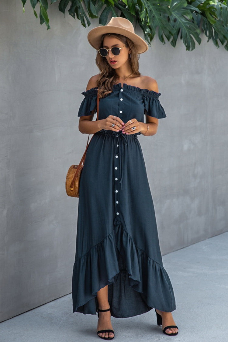 Irregular One-line Neckline Ruffle Dress