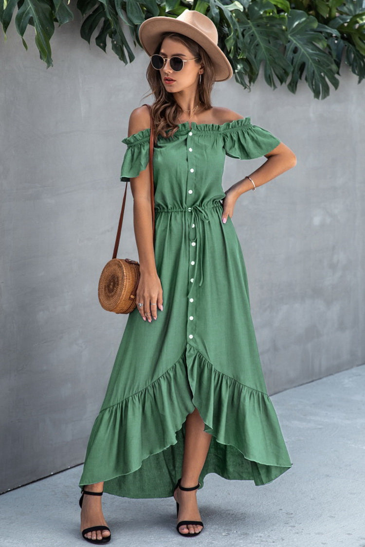 Irregular One-line Neckline Ruffle Dress