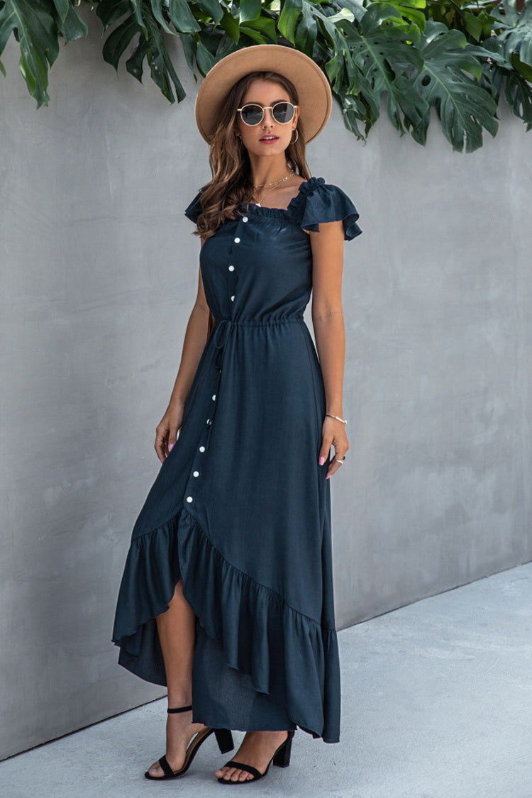 Irregular One-line Neckline Ruffle Dress