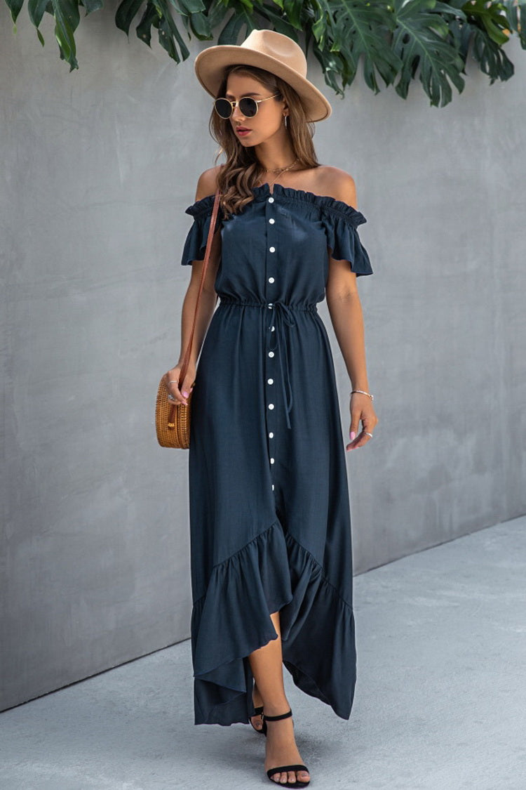 Irregular One-line Neckline Ruffle Dress