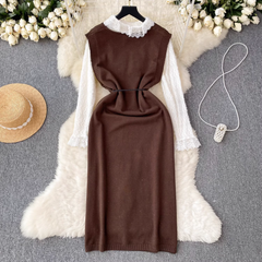 Fashionable lace spliced chiffon top paired with a loose knitted vest dress two-piece set