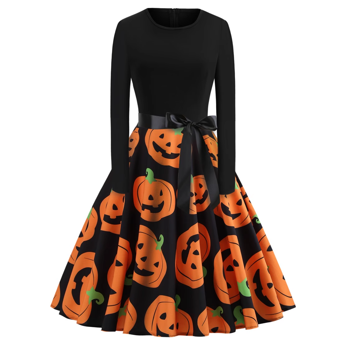 Halloween costume retro women's long-sleeved contrast black and pumpkin print dress