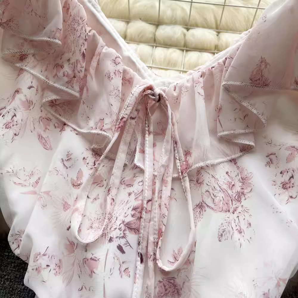 Pink Floral Fairy Dress Summer Chiffon V-neck Wrap Dress  ,