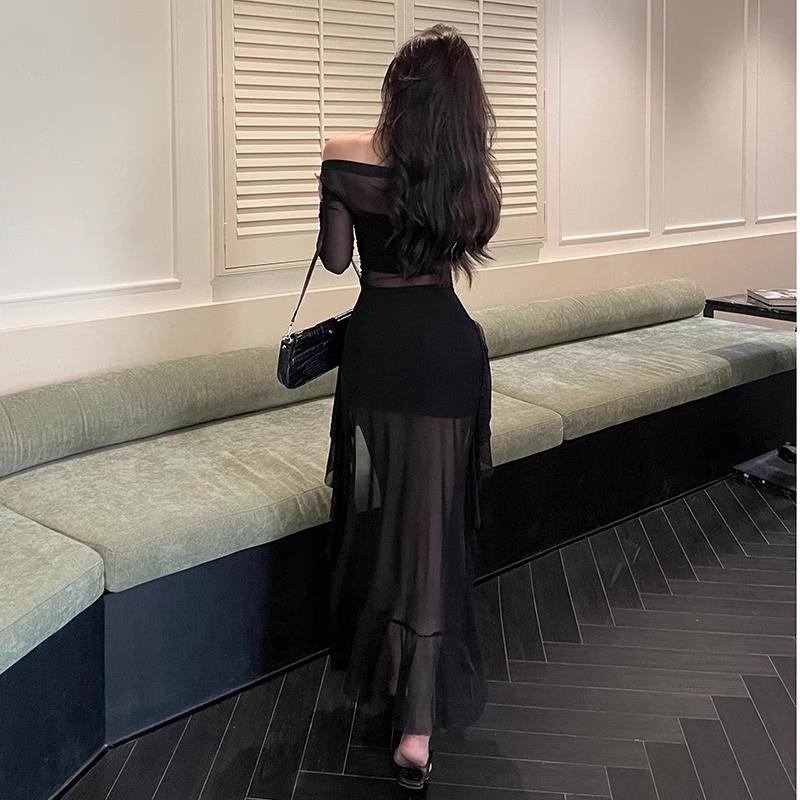 Black sexy off the shoulder see-through dress