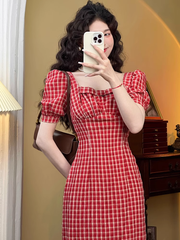 Retro Square Neck Puff Sleeve Dress