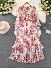 Long-sleeve round neck A-line rose print chiffon maxi dress