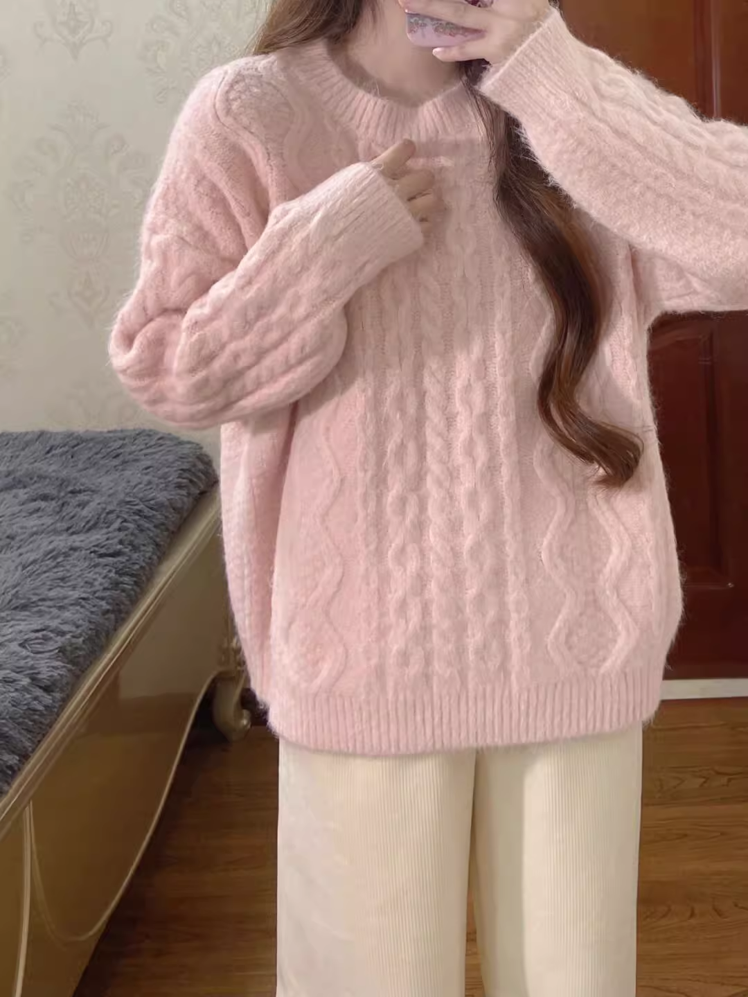 Lazy pink twist knitted sweater