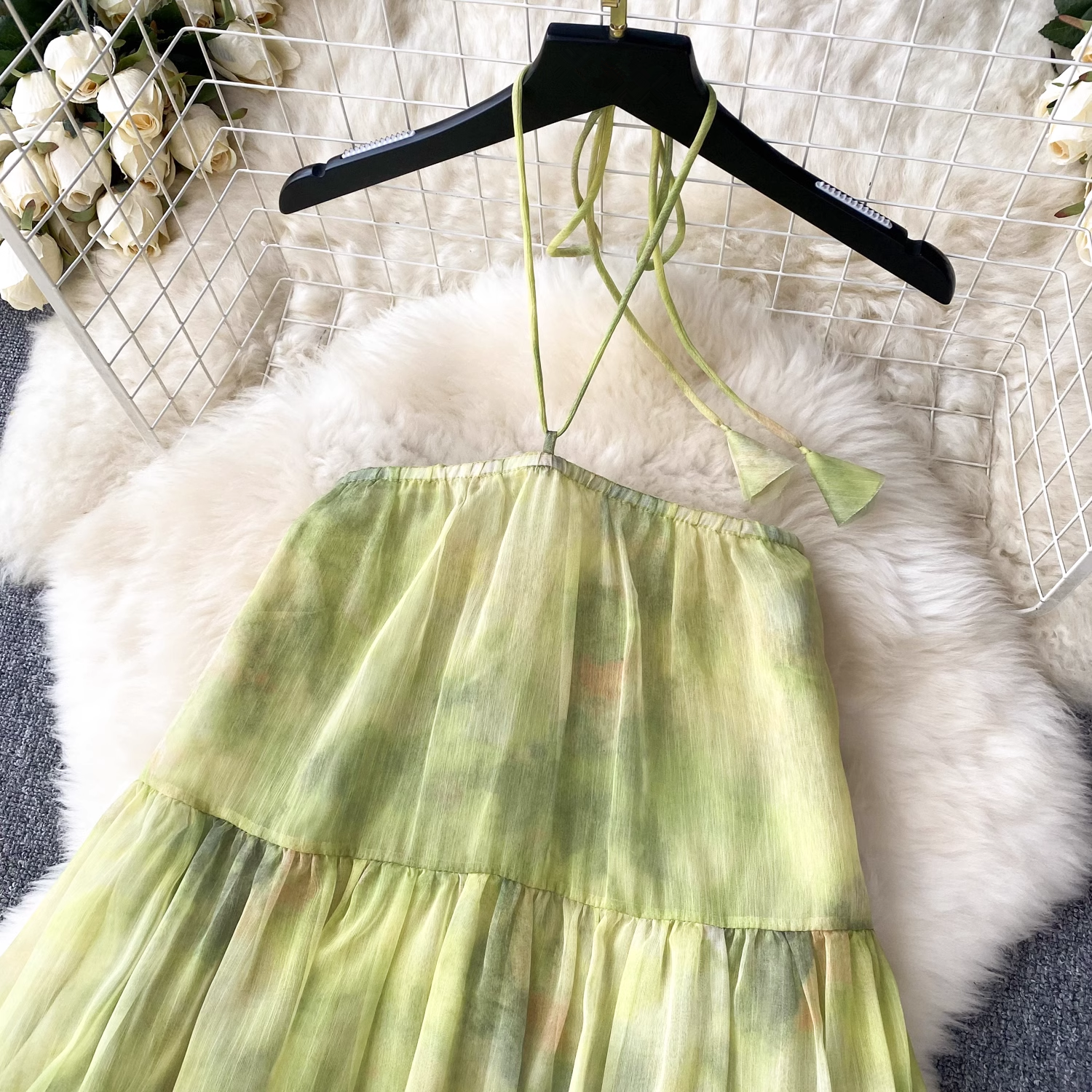 Summer holiday style chiffon halter neck blooming print dress