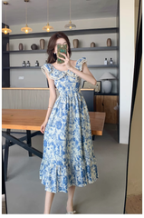 Women's summer blue oil painting floral dress