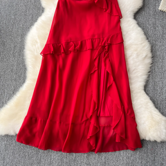 Red dress sexy slit ruffled patchwork holiday skirt