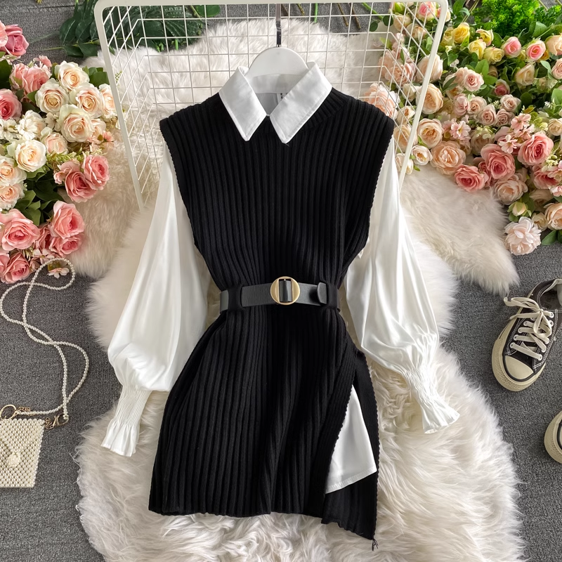 Long Shirt Tie Knit Vest Two-Piece Set,